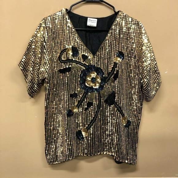 Silk Beaded Sequin Party Cocktail Drag Blouse - Picture 1 of 6
